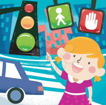 Illustration of a Kid Girl Pointing at Traffic Lights and Signs. Safety and Traffic Rules