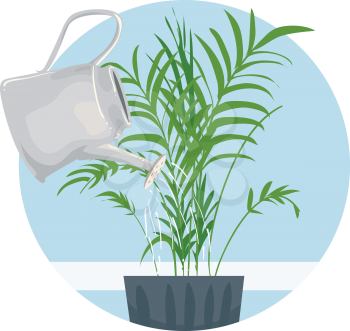 Illustration of Household Chores, Watering Indoor Plant Using Watering Can