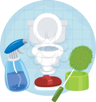 Illustration of Household Chores, Cleaning Bathroom with Toilet Brush, Scrubber and Cleaner in Spray Bottle