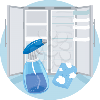 Illustration of Household Chores, Cleaning Refrigerator with Soapy Sponge and Cleaner in Spray Bottle