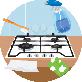 Illustration of Household Chores, Cleaning Stove Top with Brush, Sponge, Cloth and Cleaner in Spray Bottle
