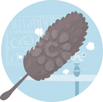 Illustration of Household Chores, Dusting, Using a Feather Duster