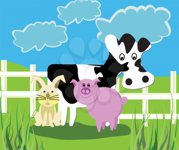 Royalty Free Clipart Image of a Cow, Pig and Rabbit