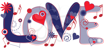 Royalty Free Clipart Image of the Word Love With Hearts and Musical Notes