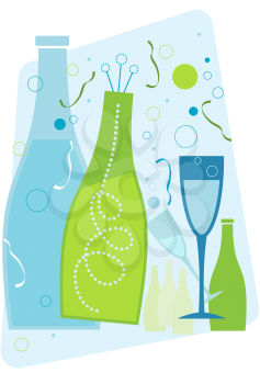 Royalty Free Clipart Image of Champagne Bottles and a Glass