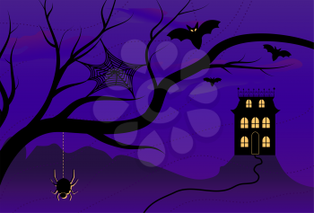 Royalty Free Clipart Image of a Spooky Tree and House