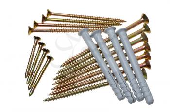 A set of screws of various sizes on a white background