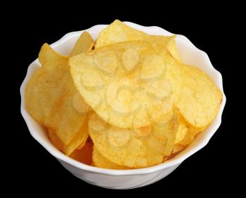 Royalty Free Photo of a Bowl of Potato Chips on Black