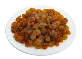 Yellow raisins on a white plate on a white background