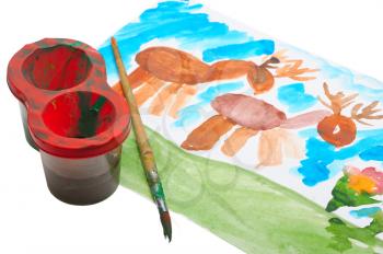 Royalty Free Photo of a Child's Watercolour Painting With Pots and a Brush