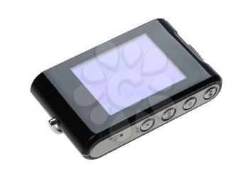 Audio player in black in a square enclosure, isolated