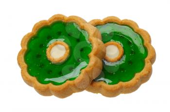 Brown sweet Cookies with green jelly, isolated