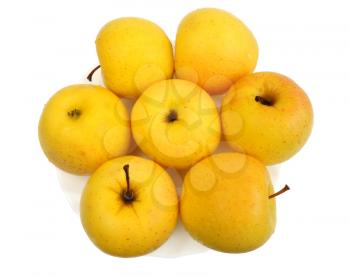 Yellow apples on a white plate on a white background, isolated