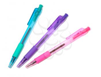 A set of transparent colored pens on a white background, isolated.