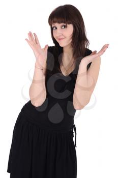 Girl in black dress, isolated on a white background.