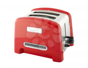Kitchen appliances - toaster of silver and red color, isolated on a white background