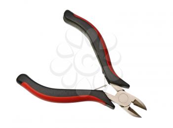 Side Cutters with red and black handgrip on a white background, isolated
