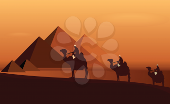 Royalty Free Clipart Image of Camels in a Desert With Pyramids