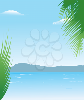 Illustration summer background with beach and mountains - vector
