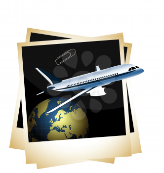 Illustration a conceptual composition - of the plane taking off from planet space on photoframe background - vector