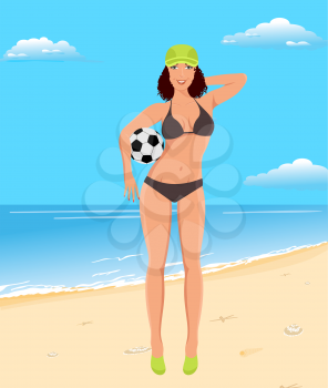 Illustration active girl with ball on beach - vector