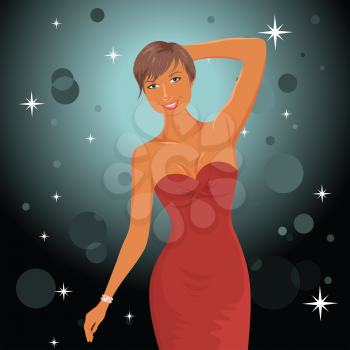 Illustration cute dancing girl in red dress - vector