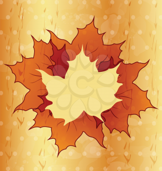 Illustration autumnal maple leaves, wooden texture, copy space for your text - vector