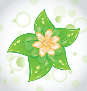 Illustration cute eco background with green leaves and flower - vector