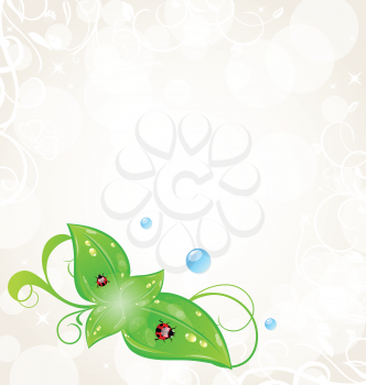 Illustration eco friendly background with green leaves and ladybugs - vector