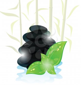 Illustration meditative oriental background with cairn stones and eco green leaves - vector