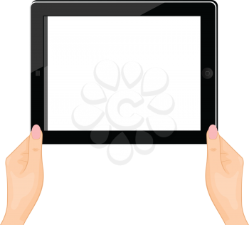 Illustration of the computer tablet in a hand of the woman isolated on a white background - vector
