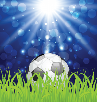 Illustration soccer ball on green grass with shine effect - vector