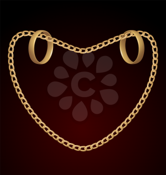 Illustration of jewelry two rings on golden chain of heart shape - vector eps10 mesh