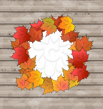 Illustration autumn leaves maple with copy space, wooden texture - vector