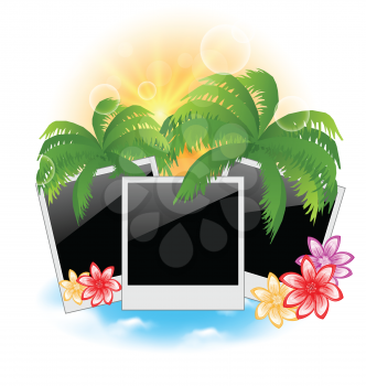 Illustration set photo frame with palms, flowers, seascape background - vector