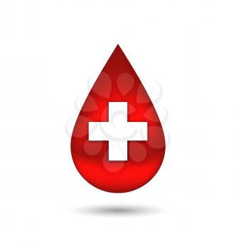 Illustration red blood drop with cross, isolated on white background - vector