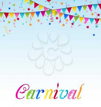 Illustration carnival background with flags, confetti, text  - vector