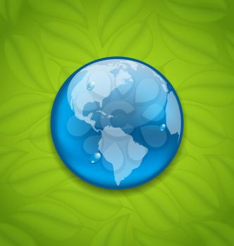 Illustration planet Earth on green leaves texture - vector