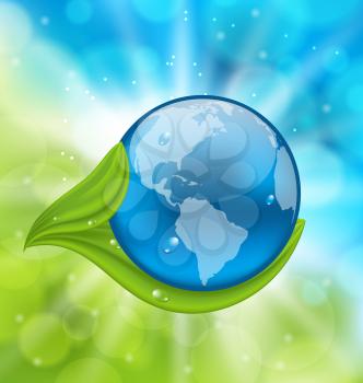 Illustration planet Earth with green leaves - vector