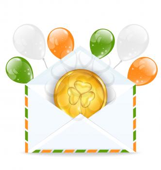 Illustration envelope with golden coin and colorful balloons for St. Patrick's Day - vector