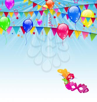 Illustration carnival background with flags, confetti, balloons, mask  - vector