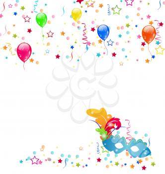 Illustration carnival background with mask, confetti, balloons  - vector