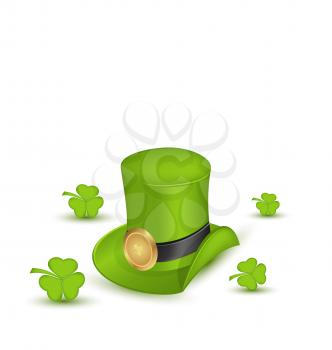 Illustration green hat with buckle with clovers in saint Patrick Day - isolated on white background - vector