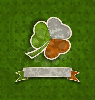 Illustration holiday vintage background with clover and ribbon in Irish flag colors for St. Patrick's Day - vector