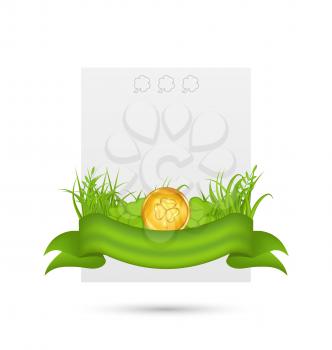 Illustration natural card with coin, shamrocks, grass, ribbon - for St. Patrick's Day - vector