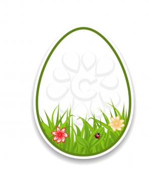 Illustration Easter paper sticker eggs with green grass and flowers - vector