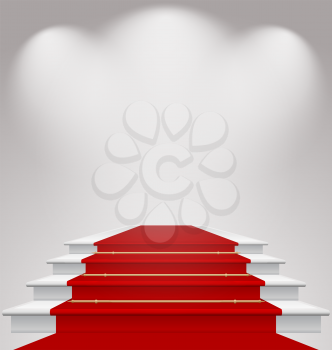 Illustration stairs covered with red carpet, scene illuminated - vector