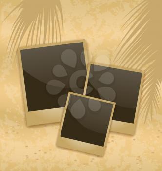 Illustration old style empty photo cards lying on a sea sand - vector