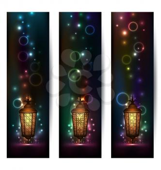 Illustration set light banners with arabic lantern - vector