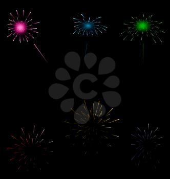 Illustration set colorful fireworks on dark background - vector